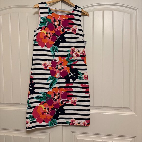 Talbots Factory Shift Dress Size 10 Black and White Striped Floral Print Lined - Picture 1 of 3